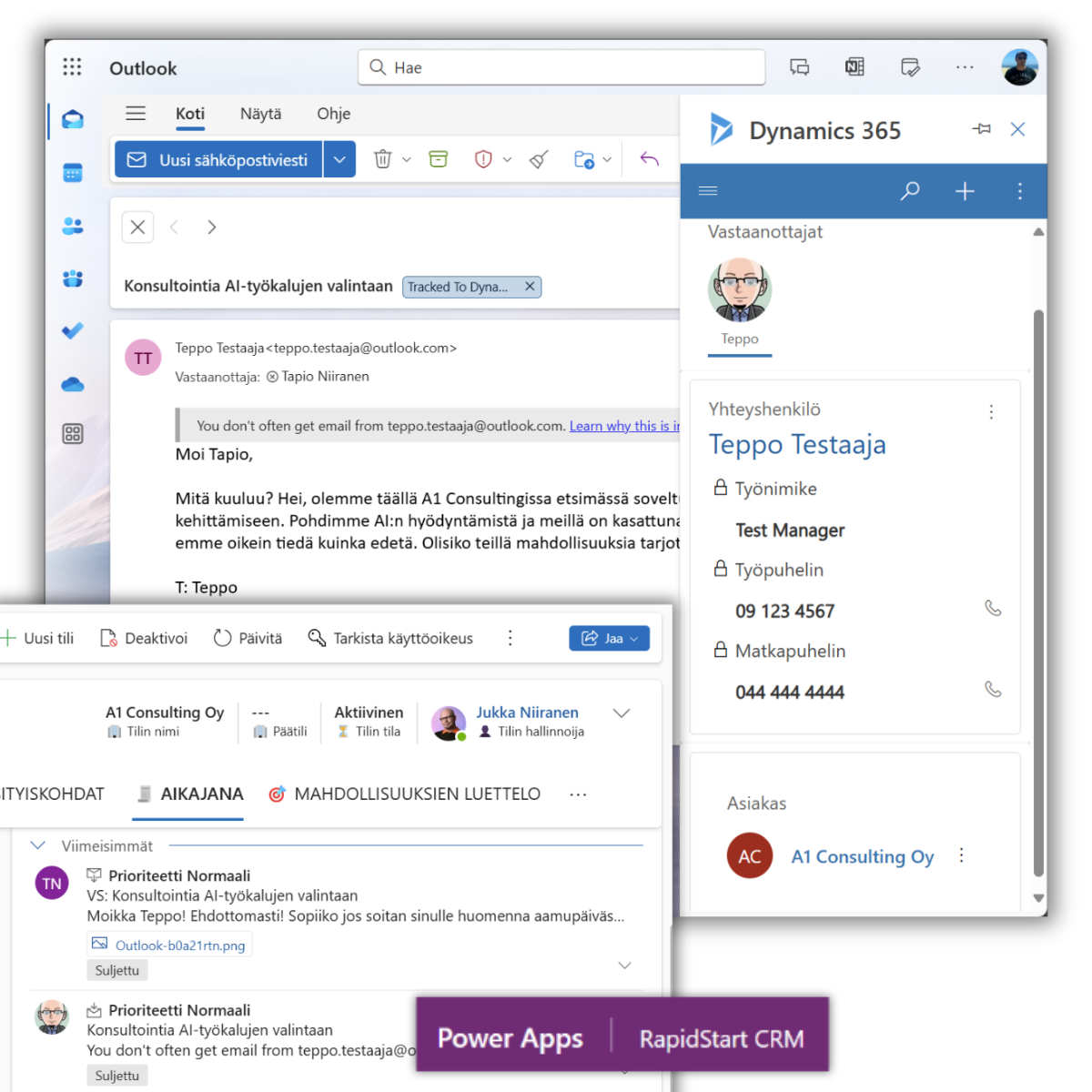 Sähköpostiviestit Outlookissa  ja RapidStart CRM:ssä