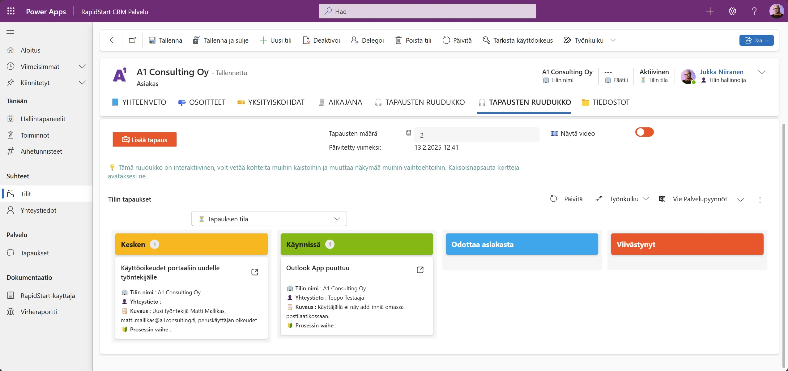 Palvelupyyntökortti RapidStartissa