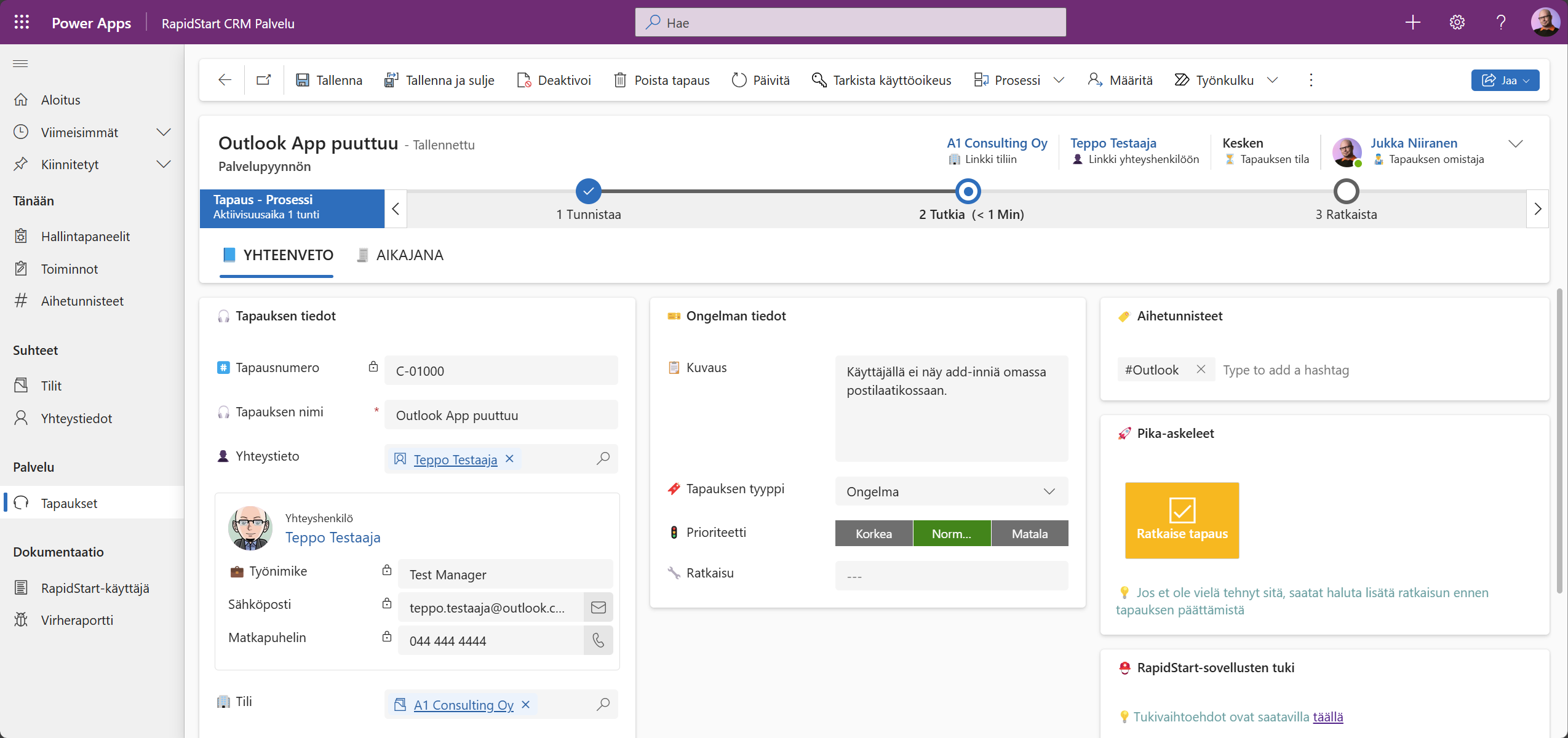 Palvelupyyntökortti RapidStartissa